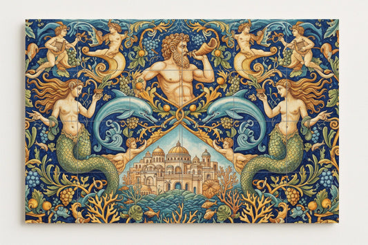 King of the Sea – Mythological ceramic mural with mermaids, dolphins, coral palace and oceanic Renaissance decorations