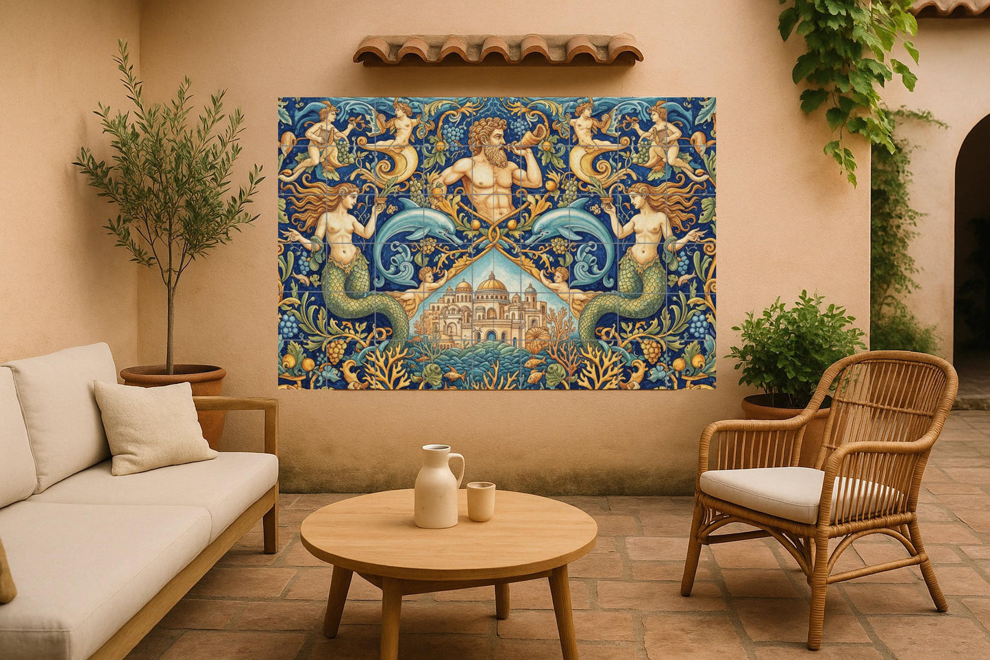 King of the Sea – Mythological ceramic mural with mermaids, dolphins, coral palace and oceanic Renaissance decorations