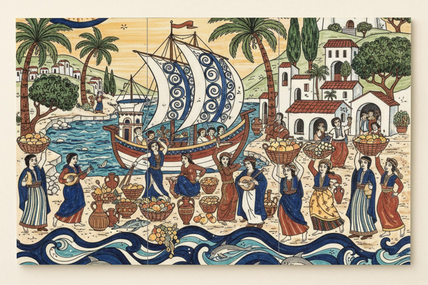 Mediterranean Harvest Festival: Ceramic mural depicting a Greek village, the arrival of a sailboat, a fruit market, musicians, and a coastal celebration.