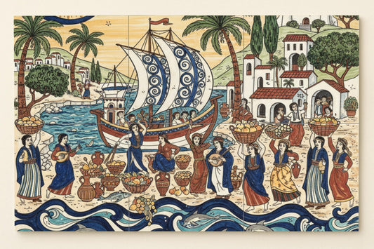 Mediterranean Harvest Festival: Ceramic mural depicting a Greek village, the arrival of a sailboat, a fruit market, musicians, and a coastal celebration.