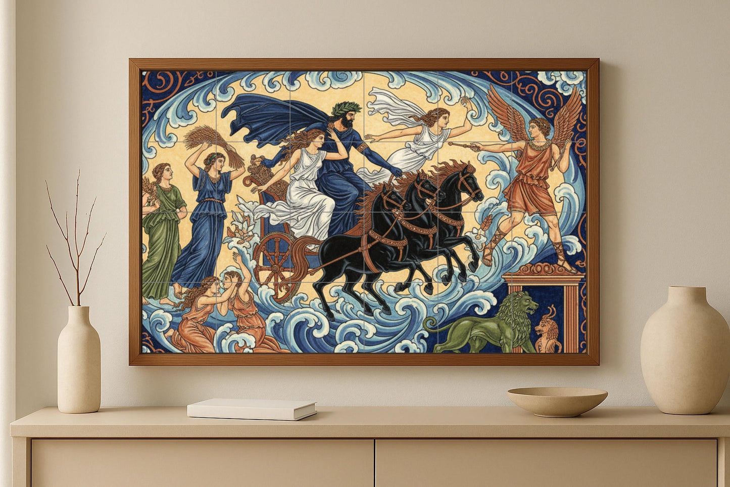 Poseidon's Chariot: Ceramic mural from Greek mythology with sea waves, a winged deity, ocean horses, Demeter's maidens and mythical harmony.