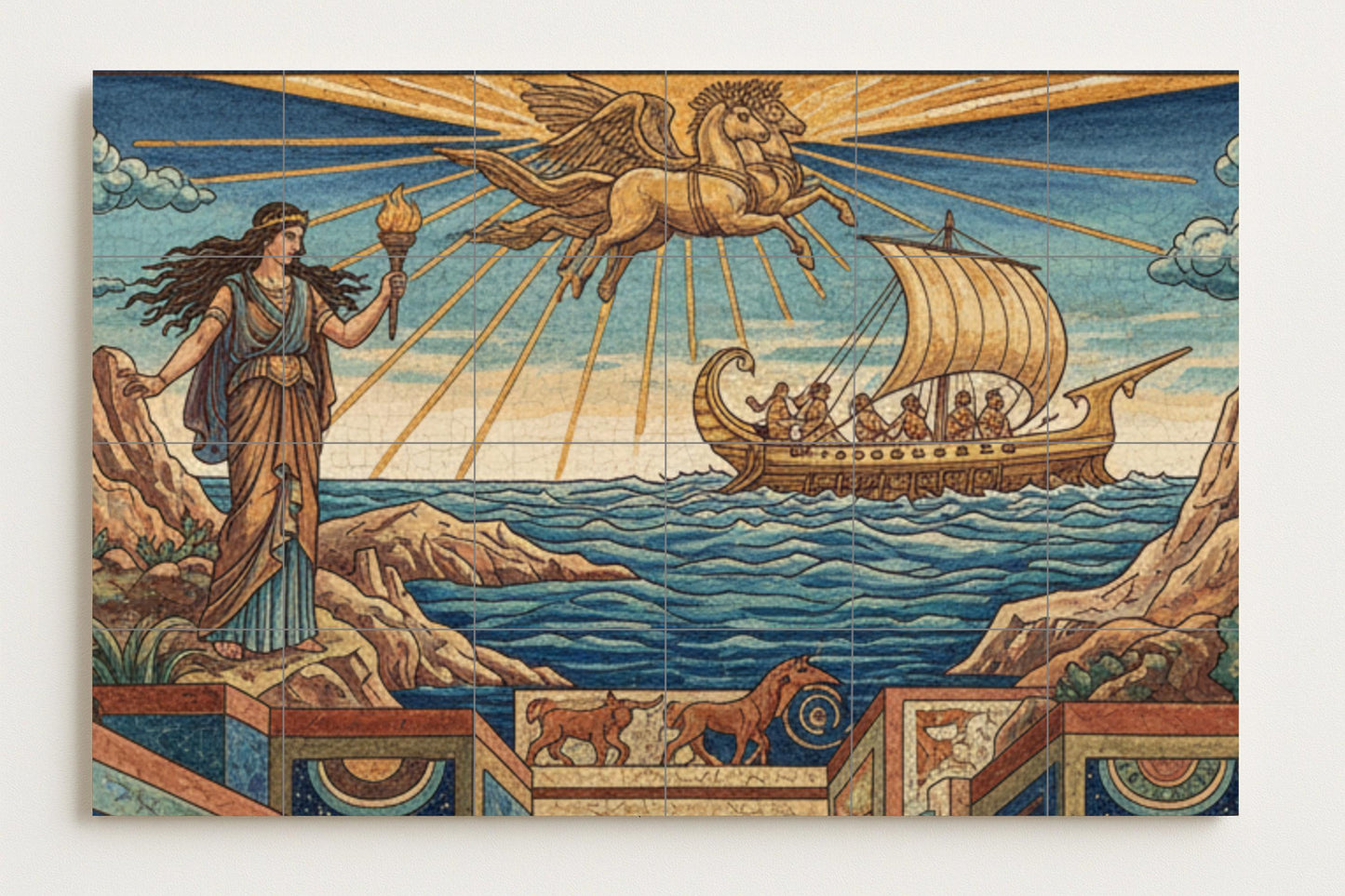 The Journey of Helios: Greek mythological ceramic mural with winged Pegasus, a sunlit ship, a goddess with a torch and an Aegean landscape.