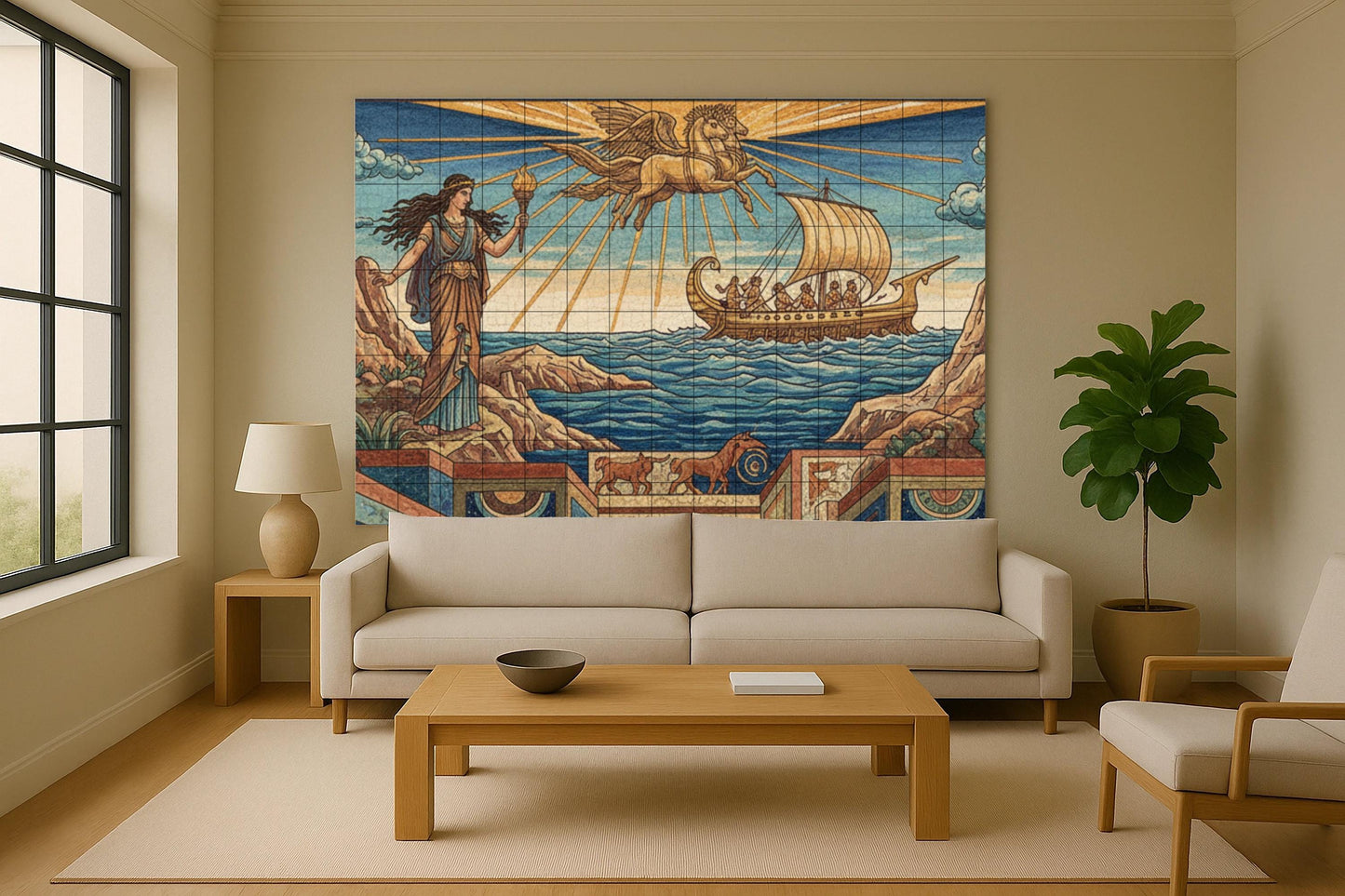 The Journey of Helios: Greek mythological ceramic mural with winged Pegasus, a sunlit ship, a goddess with a torch and an Aegean landscape.