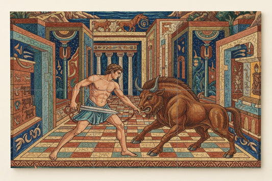 Theseus and the Minotaur: Ceramic mural of a Greek labyrinth with mythical hero, bronze palace, Cretan motifs and Minoan decorations.