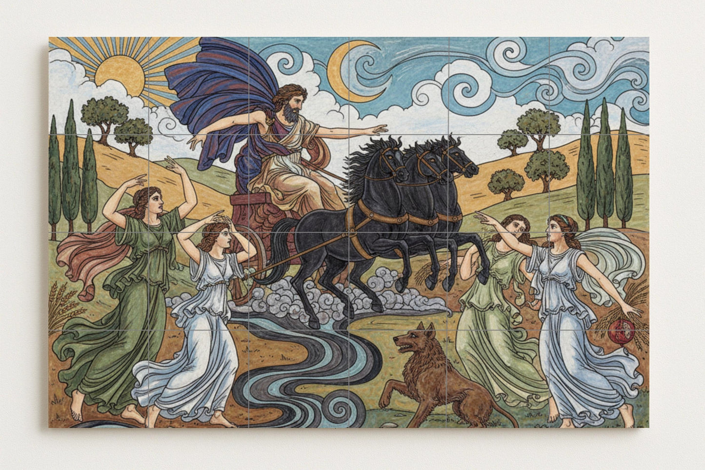 The abduction of Persephone: Greek mythological ceramic mural with Hades' chariot, nymphs, a pomegranate and the cycle of the seasons.