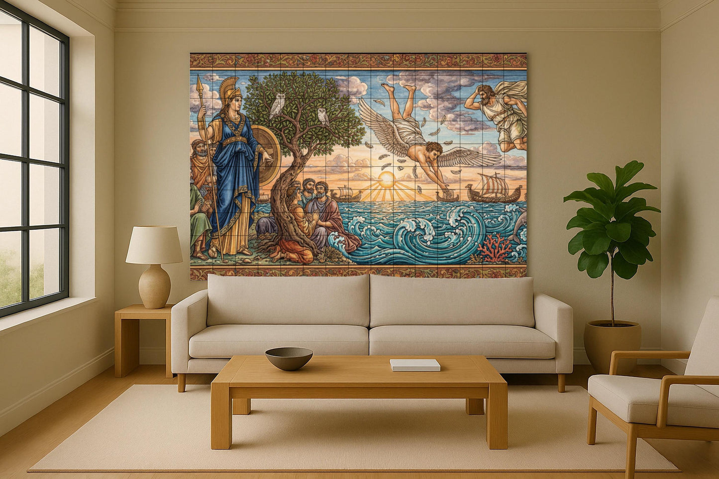 The Flight of Icarus – Ceramic mural from Greek mythology featuring Athena, Daedalus, Aegean ships, an olive tree, and the rising sun