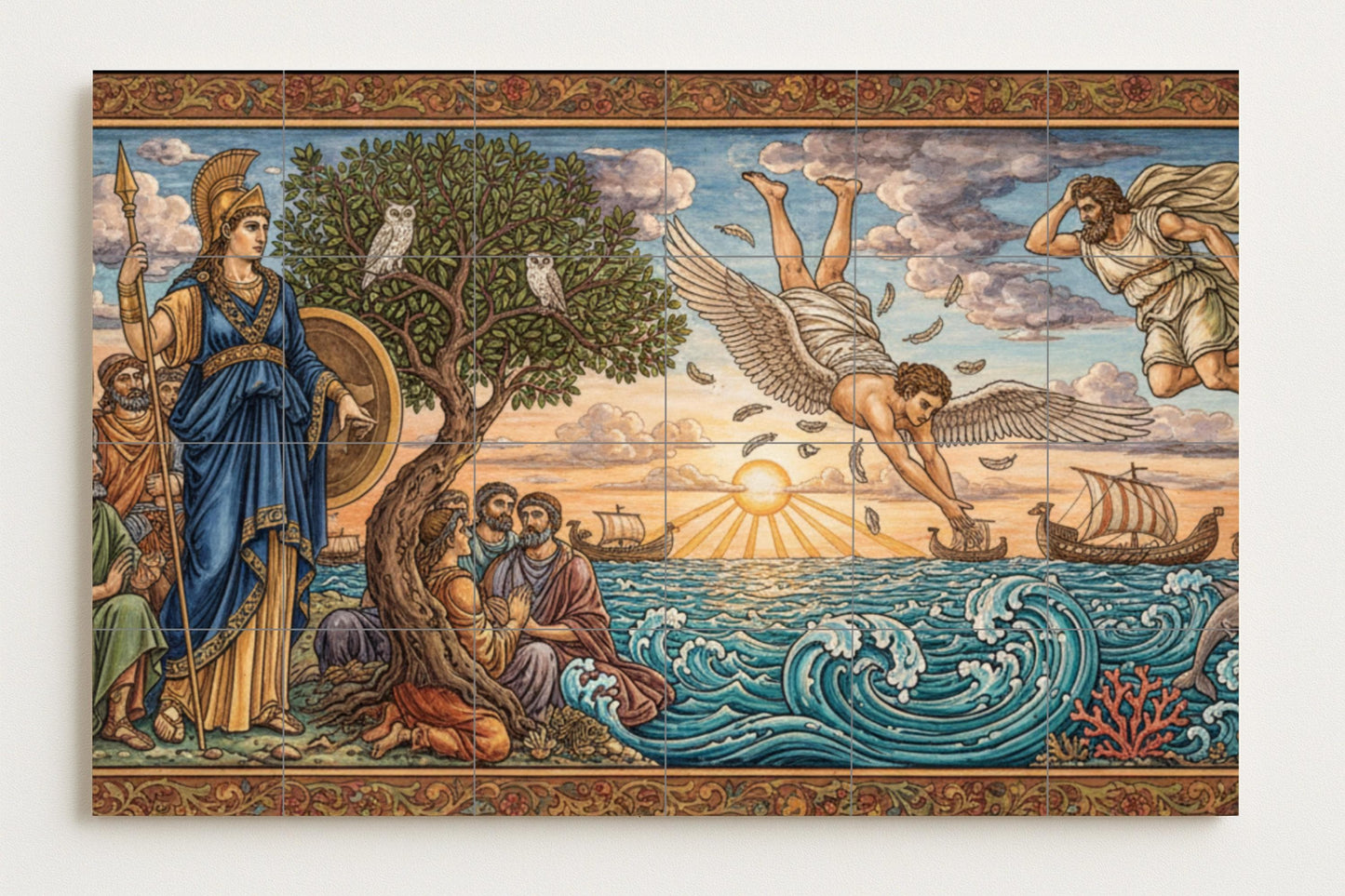 The Flight of Icarus – Ceramic mural from Greek mythology featuring Athena, Daedalus, Aegean ships, an olive tree, and the rising sun