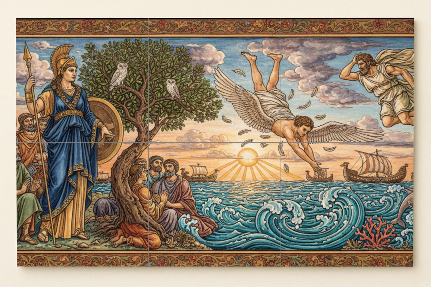 The Flight of Icarus – Ceramic mural from Greek mythology featuring Athena, Daedalus, Aegean ships, an olive tree, and the rising sun