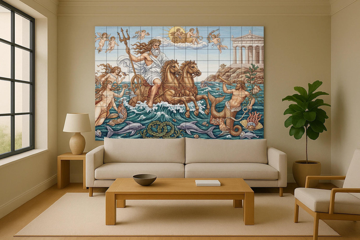 The Triumph of Poseidon: Ceramic mural of classical mythology with sea gods, dolphins, cherubim and a golden chariot scene.