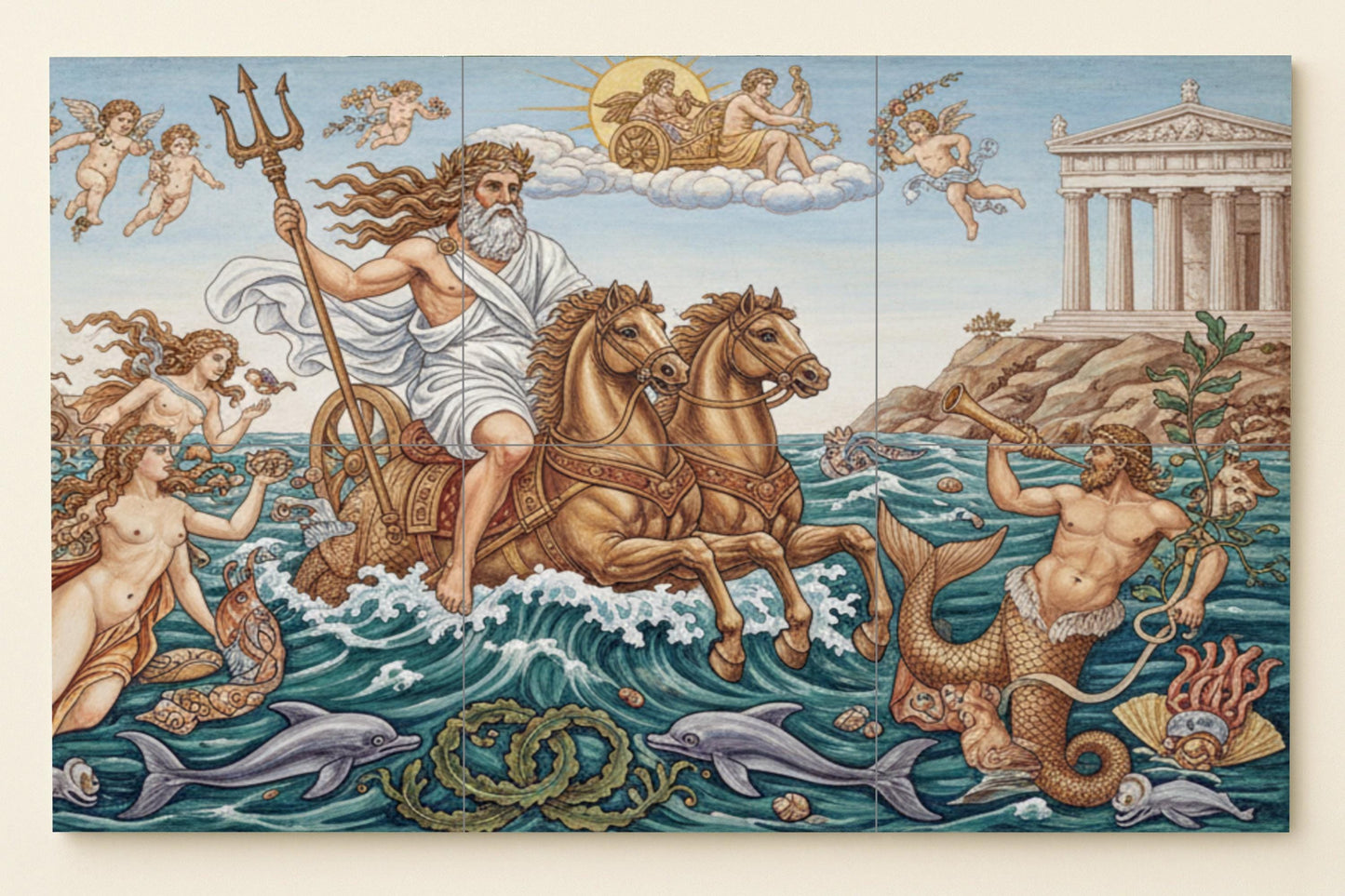 The Triumph of Poseidon: Ceramic mural of classical mythology with sea gods, dolphins, cherubim and a golden chariot scene.
