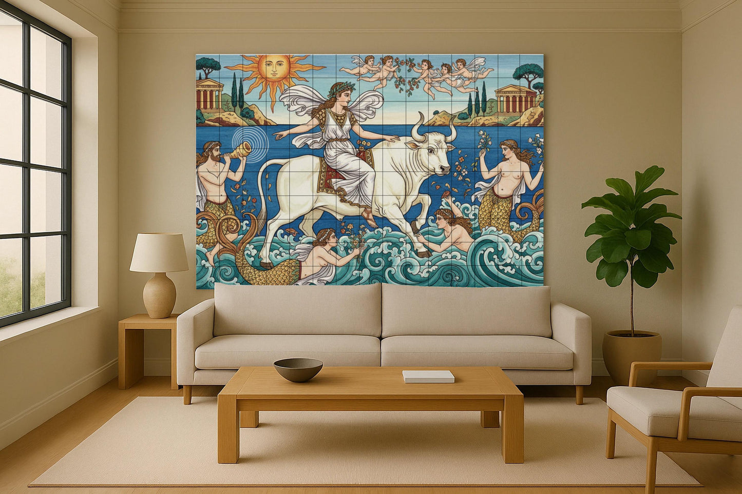 The Rape of Europa – Mediterranean mythological ceramic mural with classical temples, sea nymphs, cherubim and the Sacred Bull of Crete