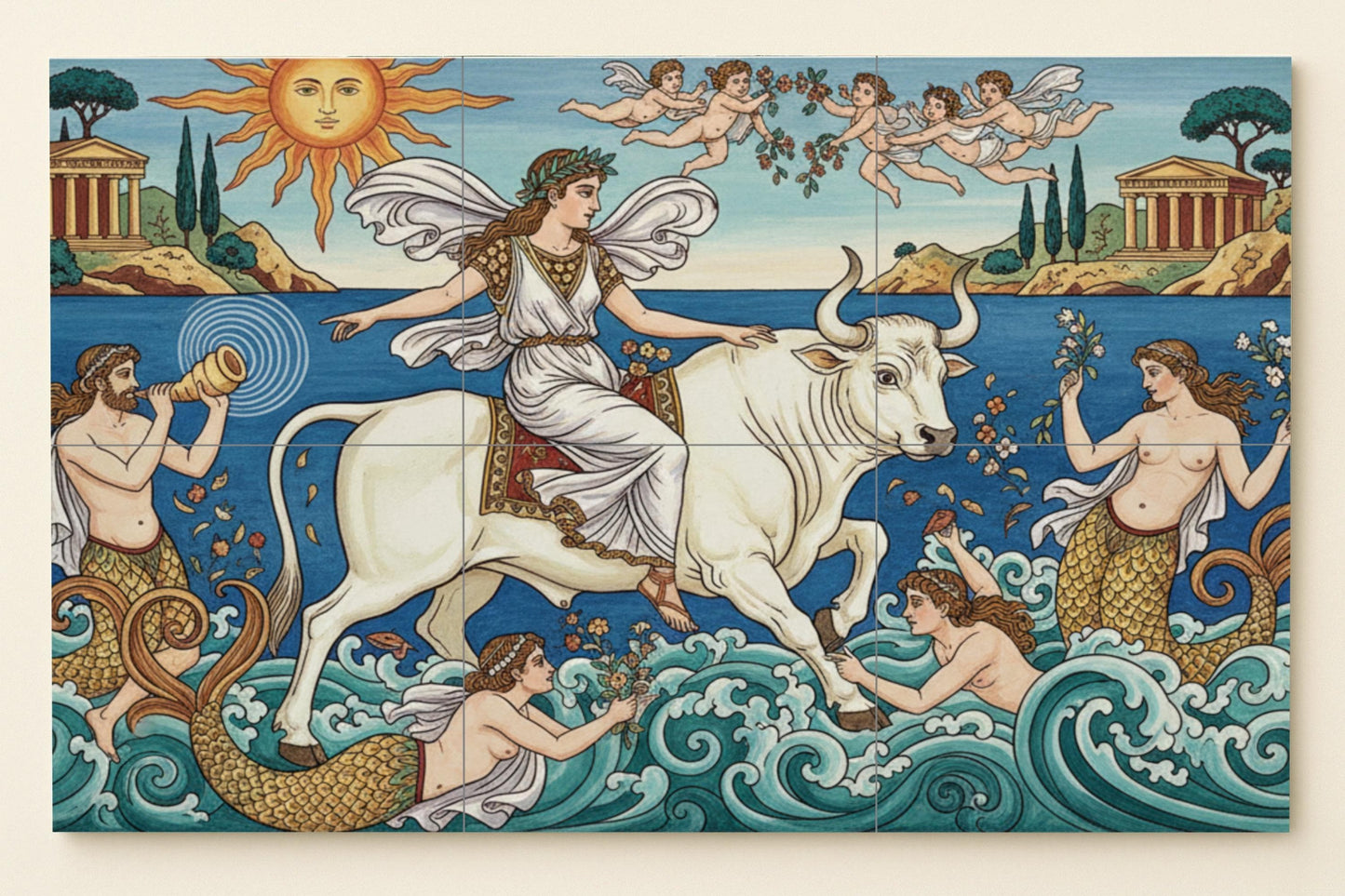 The Rape of Europa – Mediterranean mythological ceramic mural with classical temples, sea nymphs, cherubim and the Sacred Bull of Crete