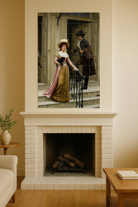 Romantic Victorian scene: elegant ceramic mural of a lady and gentleman / Classic English-style wall art with timeless charm