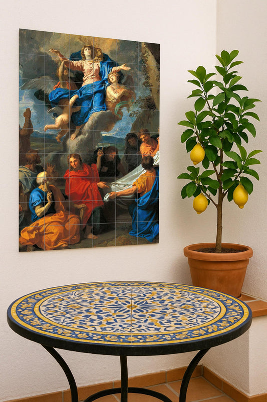 Assumption of the Virgin Mary – Ceramic mural of Heavenly Glory / Baroque religious mural art with angels and apostles