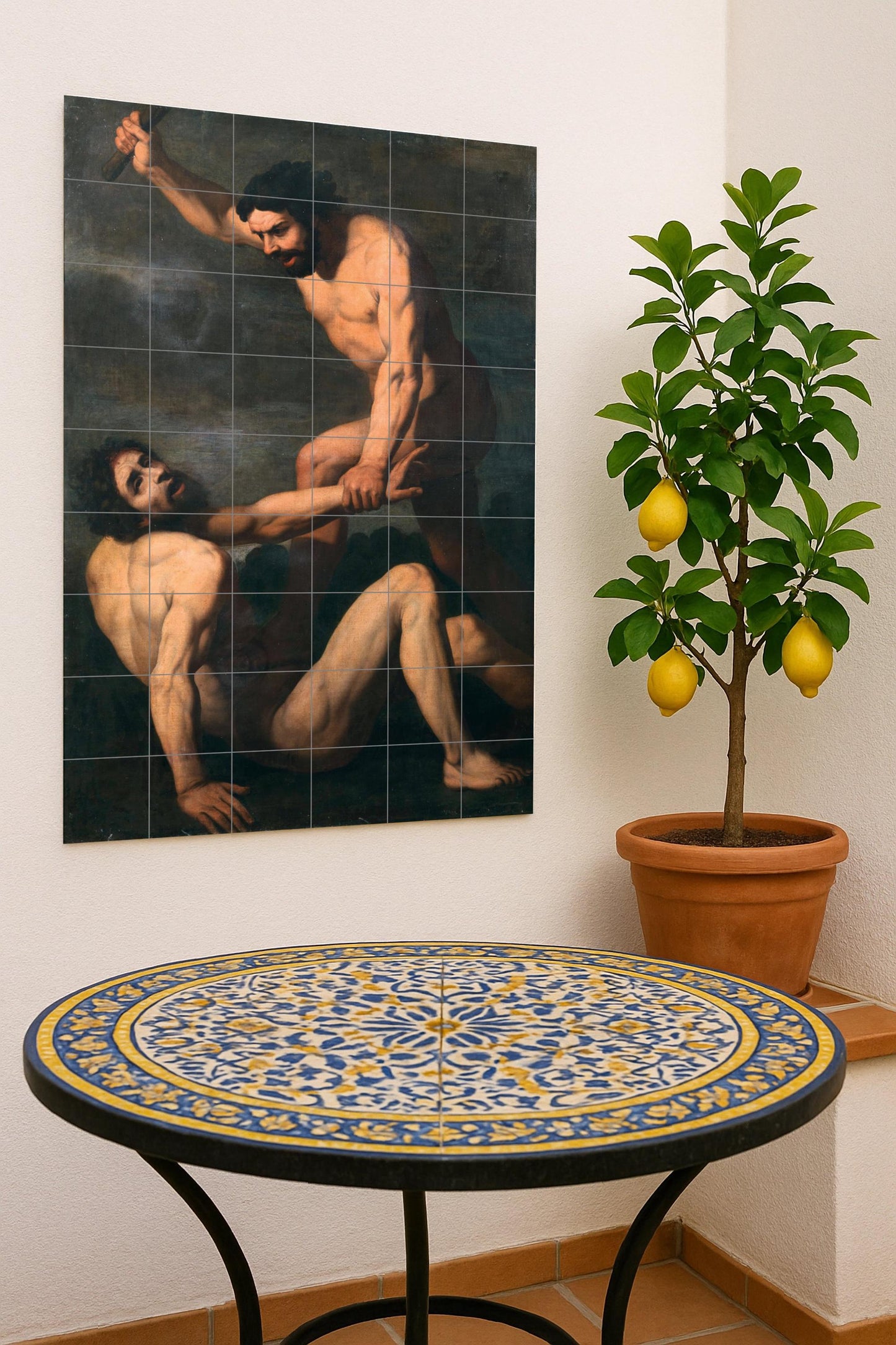 Cain and Abel: Biblical ceramic mural depicting the first fratricide / Dramatic religious mural about sin, envy, and divine justice