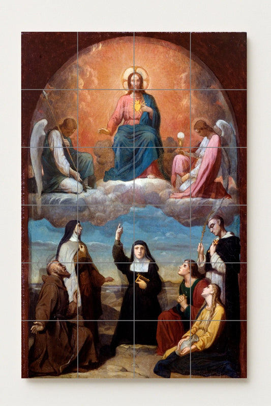 Sacred Heart of Jesus in Glory – Religious Ceramic Mural with Angels and Saints / Classic Christian Wall Art of Divine Light and Faith