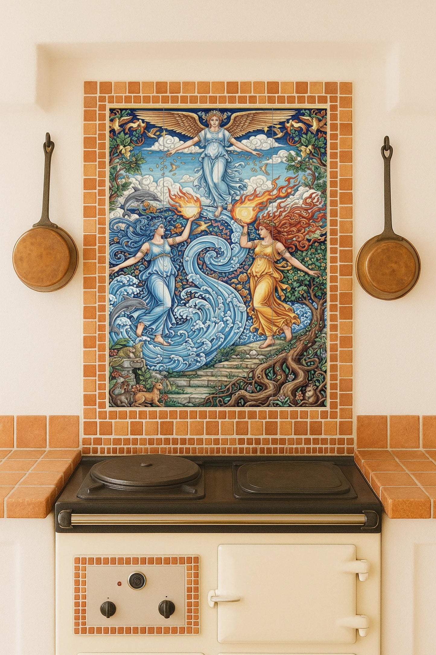 Allegory of the Elements – Ceramic Mural / Tile Panel of Goddesses of Fire and Water / Mythological Ceramic Decoration Handmade in Spain