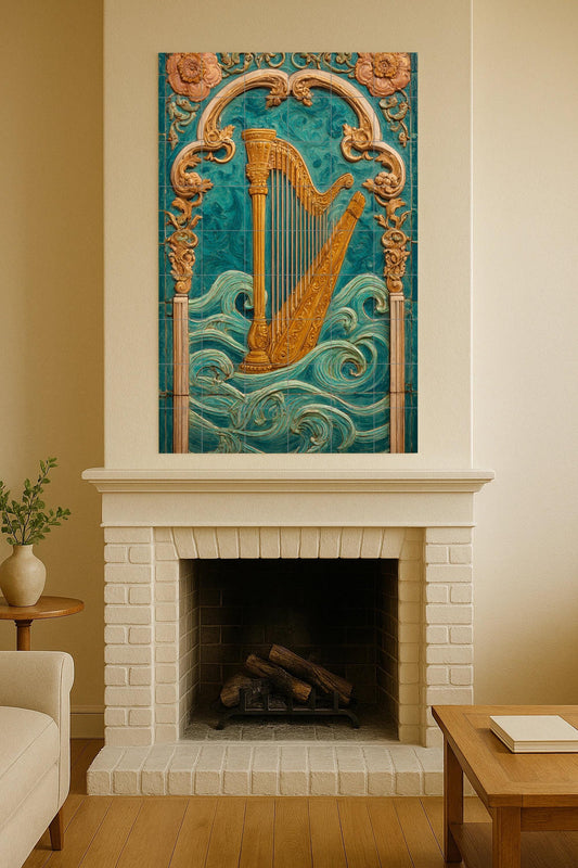 Golden harp on turquoise waves: majestic musical motif on a classic decorative ceramic mural, ornamental wall art for elegant interiors.