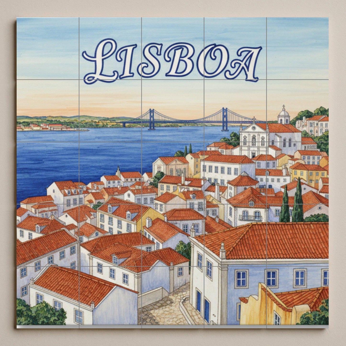 Lisbon – Portuguese ceramic mural of the rooftops of Alfama and the Tagus River / Lisbon cityscape tile art for Mediterranean interiors