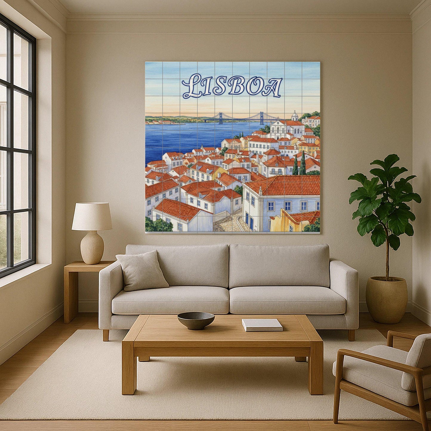 Lisbon – Portuguese ceramic mural of the rooftops of Alfama and the Tagus River / Lisbon cityscape tile art for Mediterranean interiors