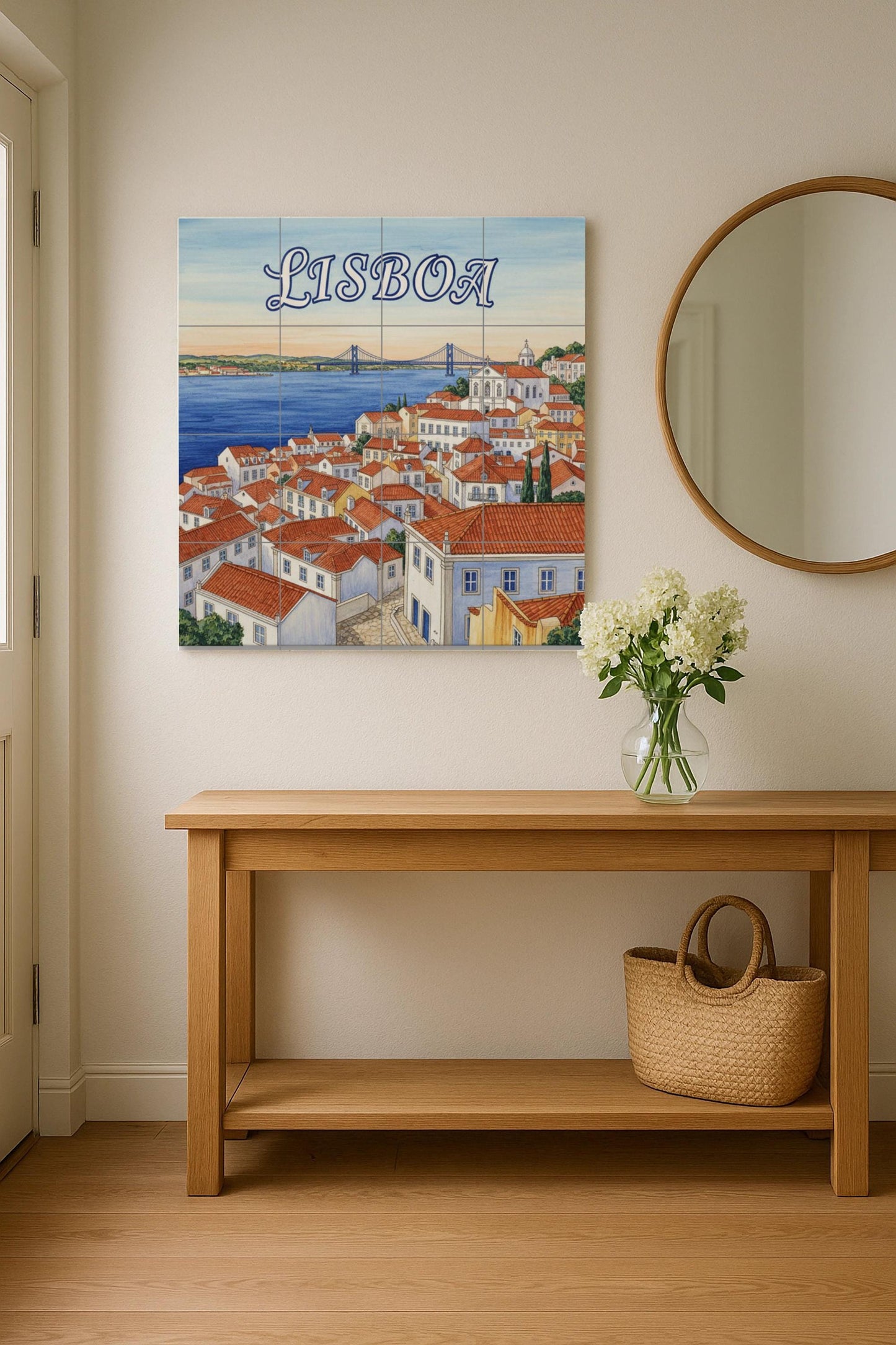 Lisbon – Portuguese ceramic mural of the rooftops of Alfama and the Tagus River / Lisbon cityscape tile art for Mediterranean interiors