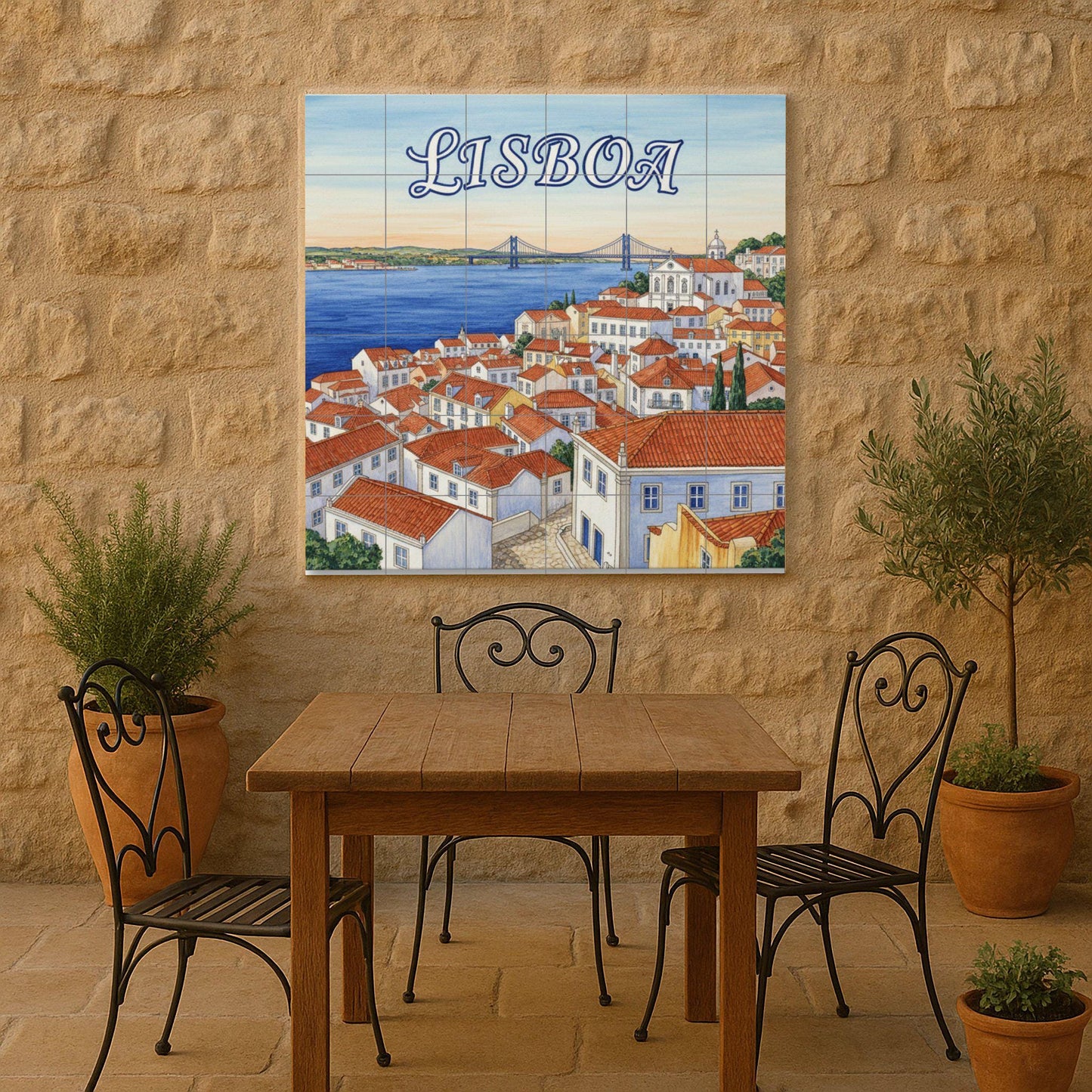Lisbon – Portuguese ceramic mural of the rooftops of Alfama and the Tagus River / Lisbon cityscape tile art for Mediterranean interiors