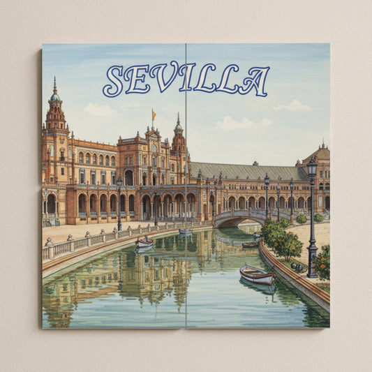 Ceramic wall mural of Plaza de España in Seville: Tile art featuring a cityscape of Seville and boats on the canals, ideal for the kitchen or living room.