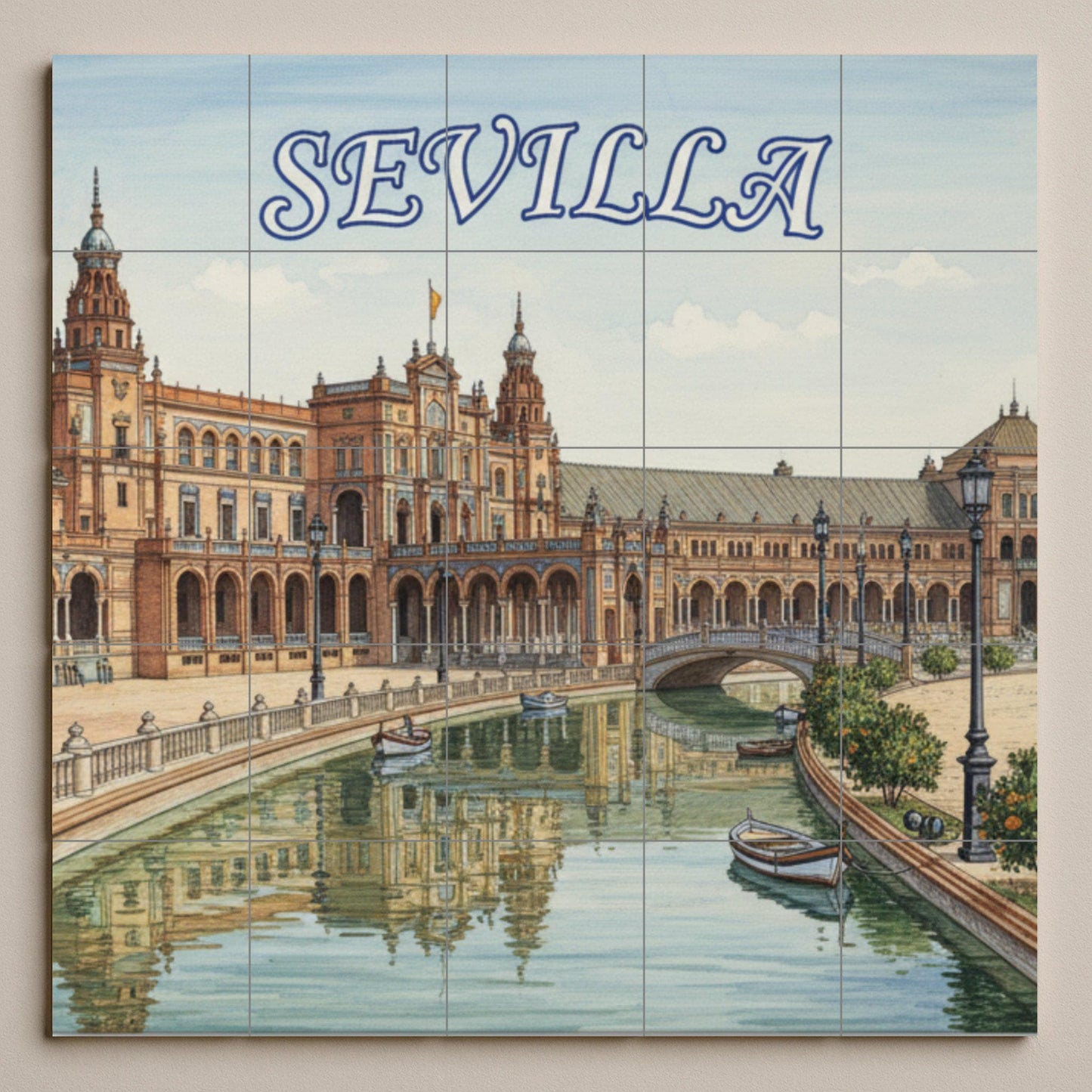 Ceramic wall mural of Plaza de España in Seville: Tile art featuring a cityscape of Seville and boats on the canals, ideal for the kitchen or living room.