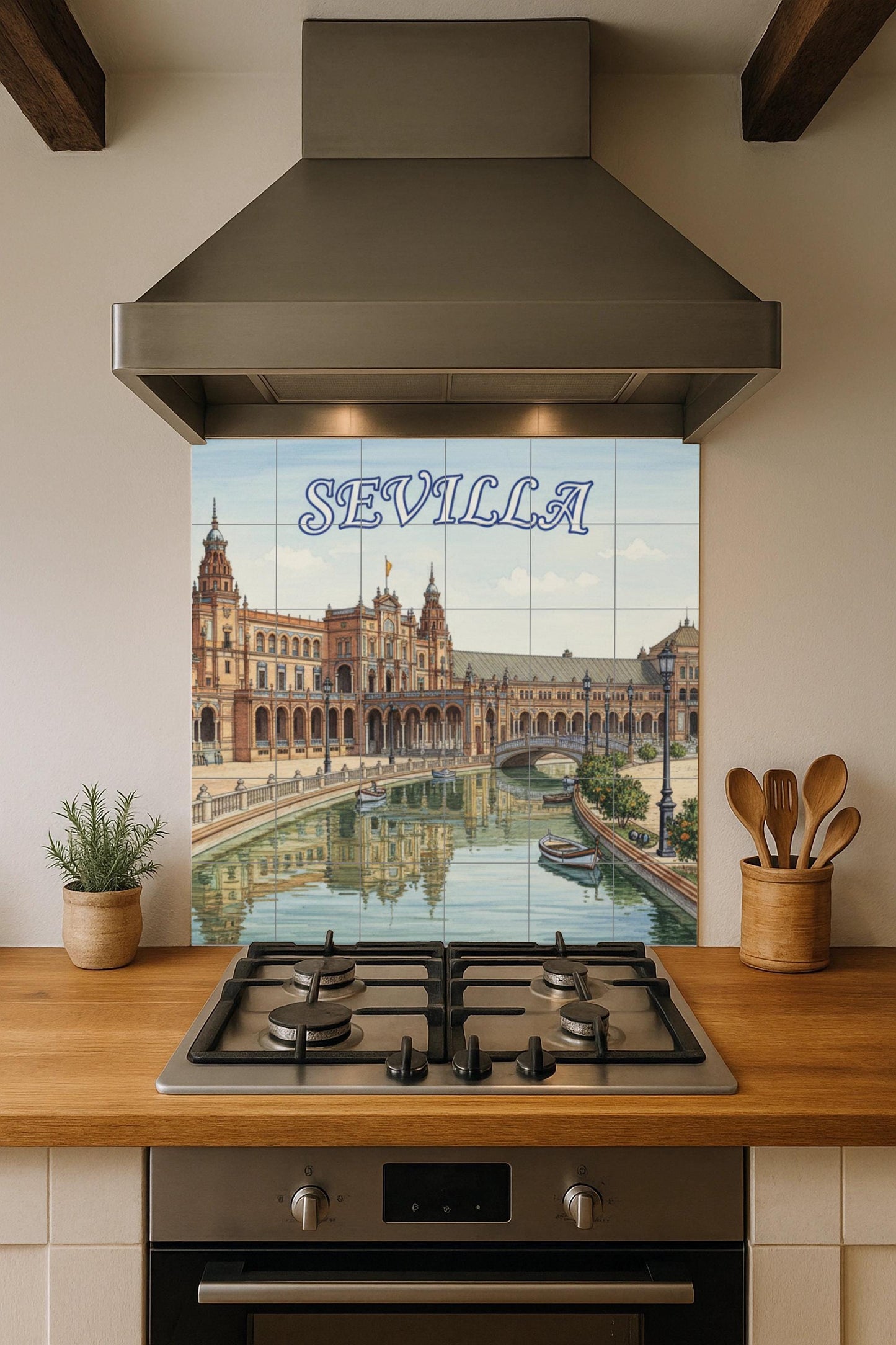 Ceramic wall mural of Plaza de España in Seville: Tile art featuring a cityscape of Seville and boats on the canals, ideal for the kitchen or living room.