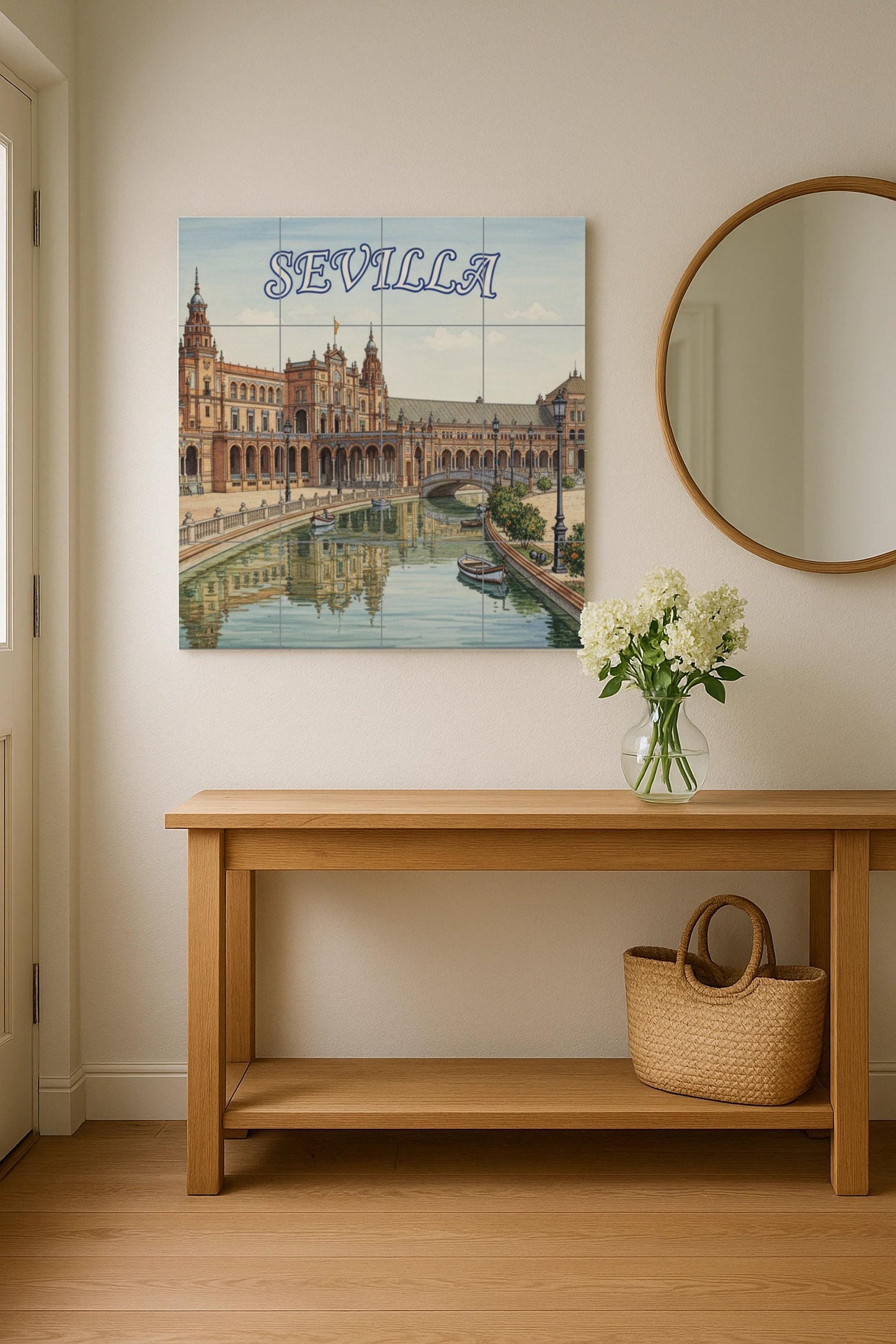 Ceramic wall mural of Plaza de España in Seville: Tile art featuring a cityscape of Seville and boats on the canals, ideal for the kitchen or living room.