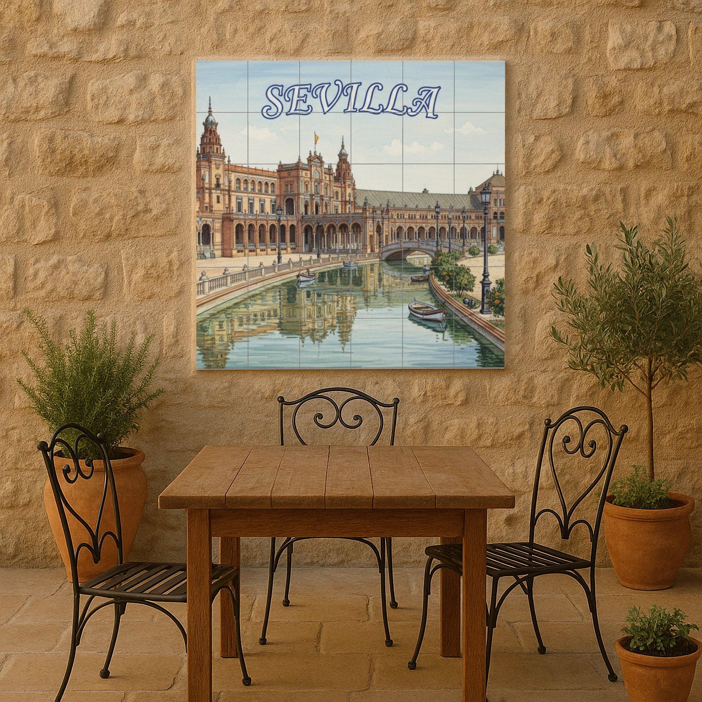 Ceramic wall mural of Plaza de España in Seville: Tile art featuring a cityscape of Seville and boats on the canals, ideal for the kitchen or living room.