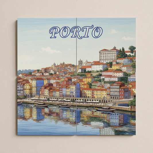 Ceramic wall mural featuring the banks of the Porto River: colorful Portuguese cityscape in tiles for the kitchen, bathroom or living room.