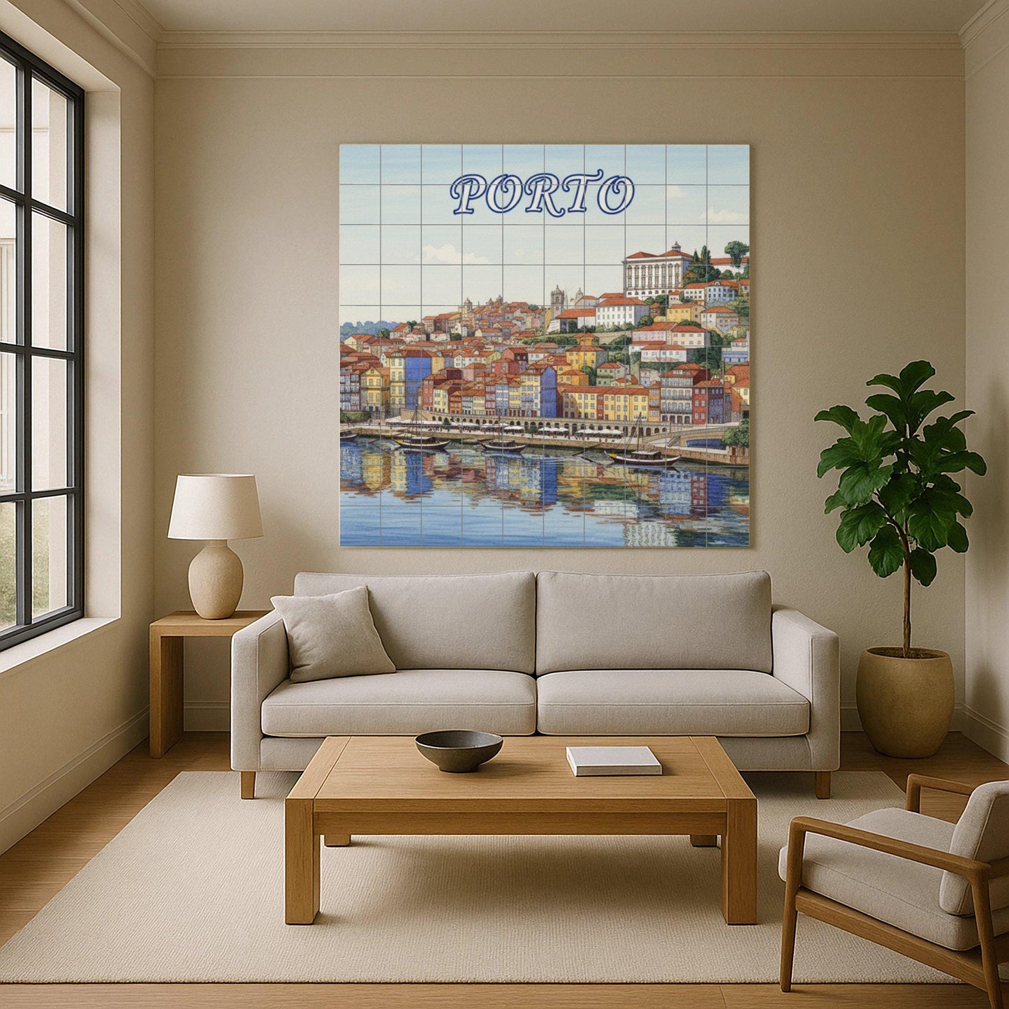 Ceramic wall mural featuring the banks of the Porto River: colorful Portuguese cityscape in tiles for the kitchen, bathroom or living room.