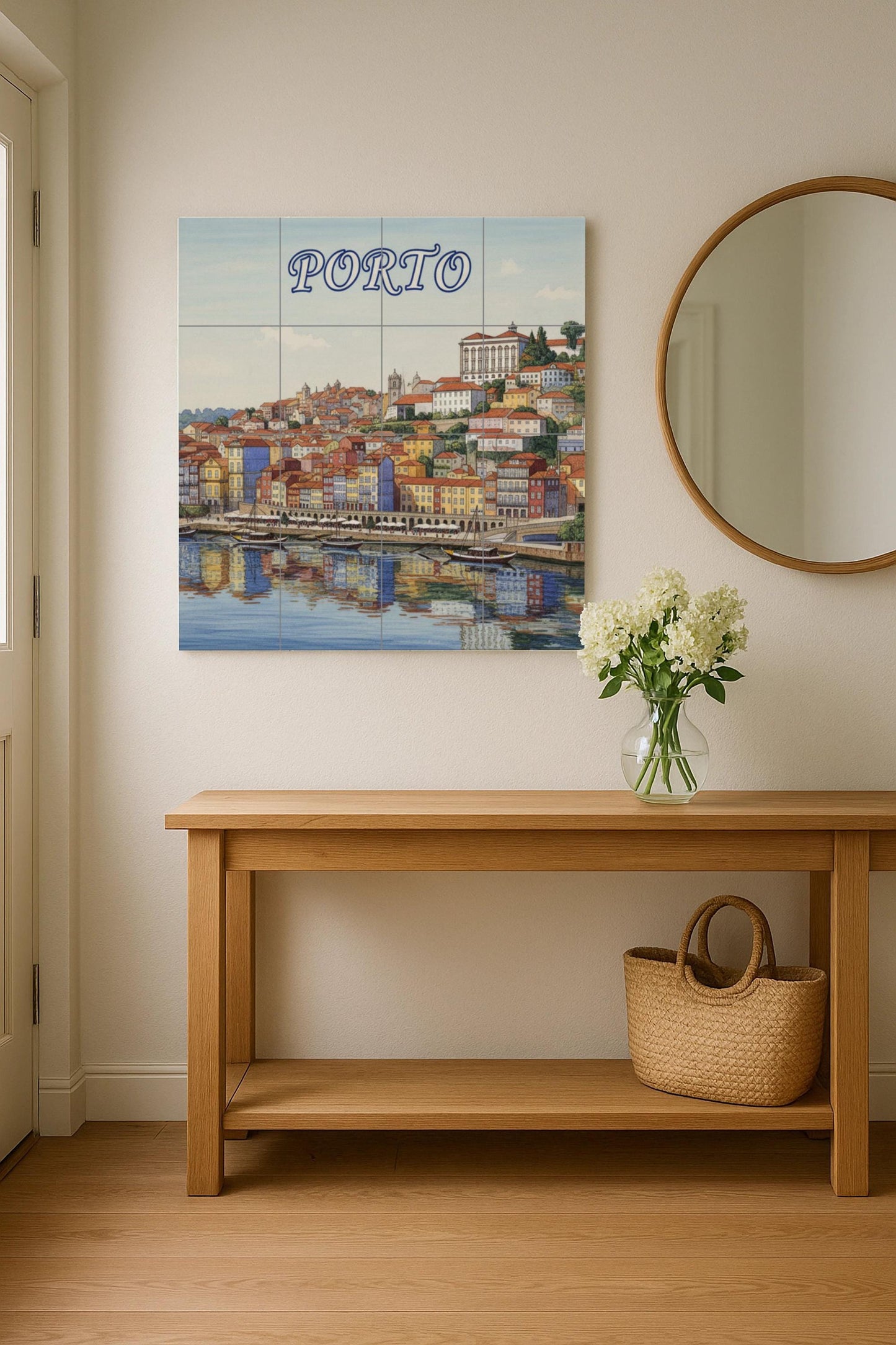 Ceramic wall mural featuring the banks of the Porto River: colorful Portuguese cityscape in tiles for the kitchen, bathroom or living room.