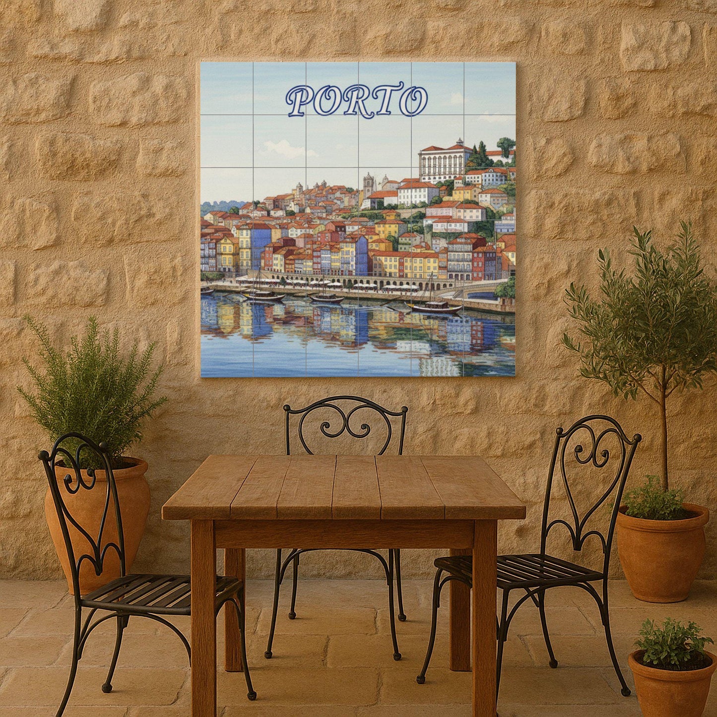 Ceramic wall mural featuring the banks of the Porto River: colorful Portuguese cityscape in tiles for the kitchen, bathroom or living room.