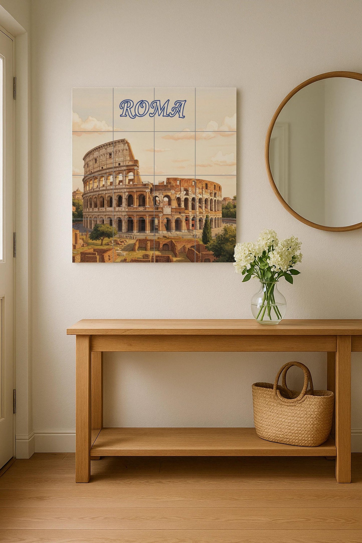 Ceramic wall mural of the Colosseum of Rome: Tile art with a Roman cityscape for decorating the kitchen, bathroom or living room.