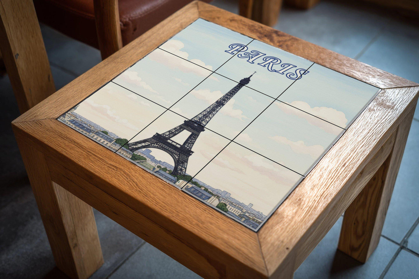 Paris Eiffel Tower Ceramic Wall Mural: French cityscape tile art for kitchen, bathroom or living room decoration.