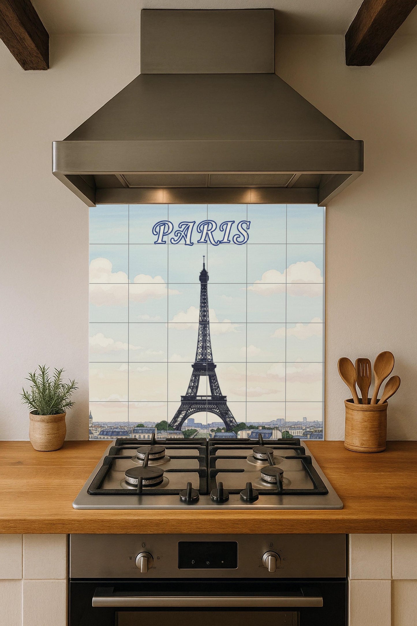 Paris Eiffel Tower Ceramic Wall Mural: French cityscape tile art for kitchen, bathroom or living room decoration.