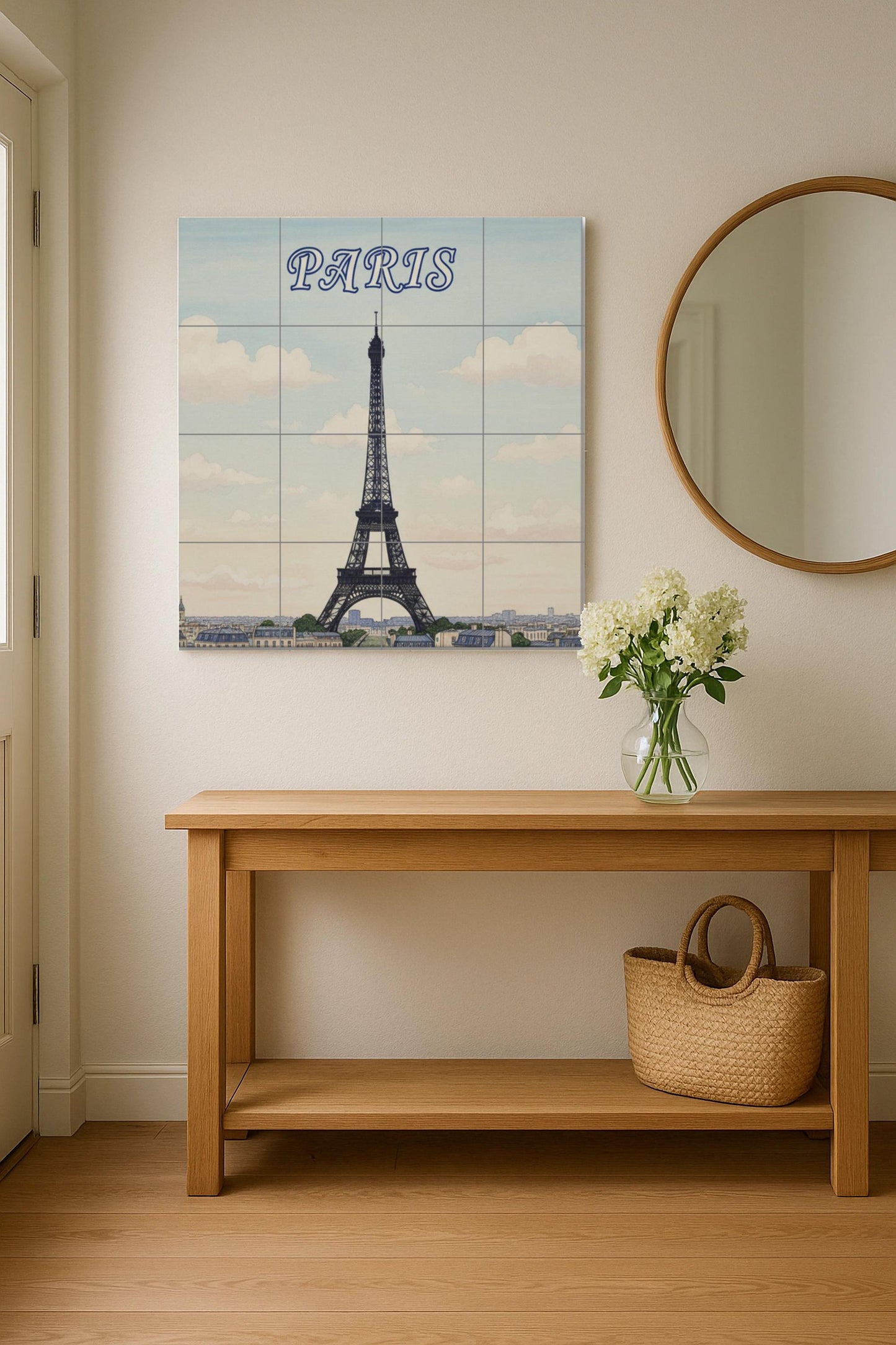 Paris Eiffel Tower Ceramic Wall Mural: French cityscape tile art for kitchen, bathroom or living room decoration.