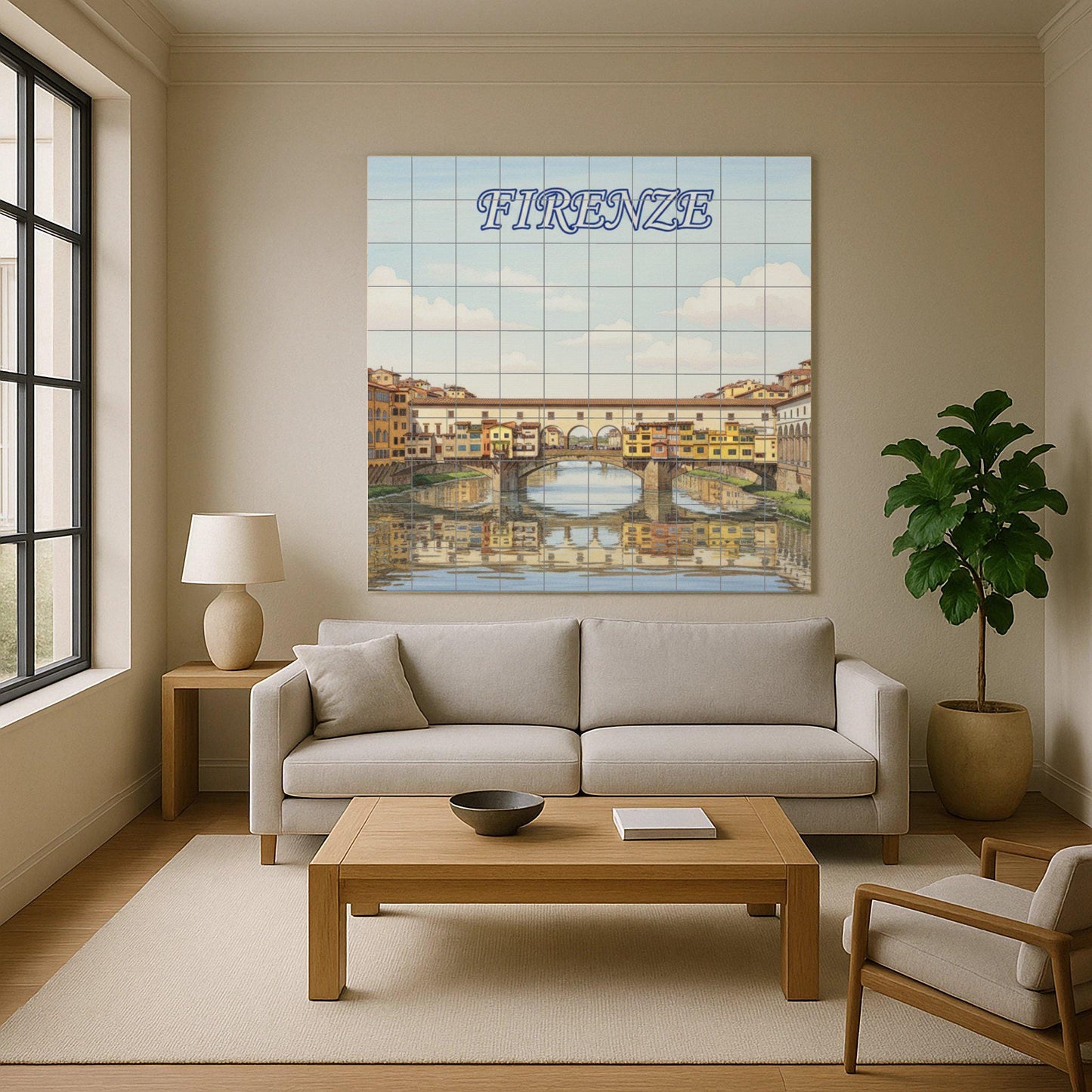 Ceramic wall mural of the Ponte Vecchio of Florence: Tile art with the cityscape of Florence for decorating the kitchen, bathroom or living room.