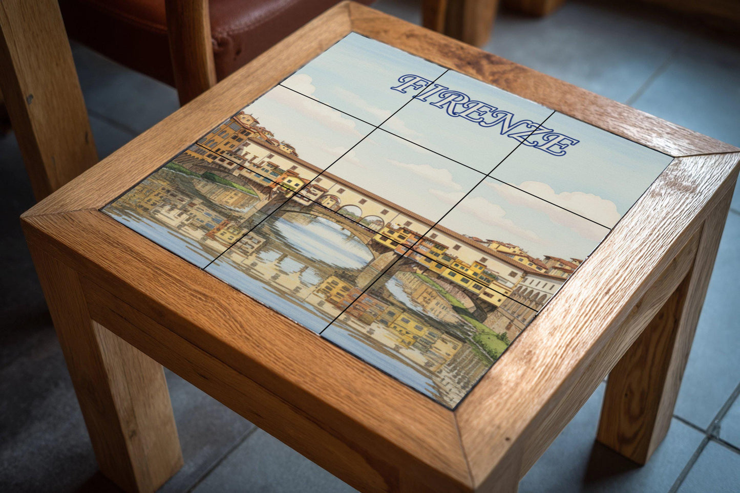 Ceramic wall mural of the Ponte Vecchio of Florence: Tile art with the cityscape of Florence for decorating the kitchen, bathroom or living room.