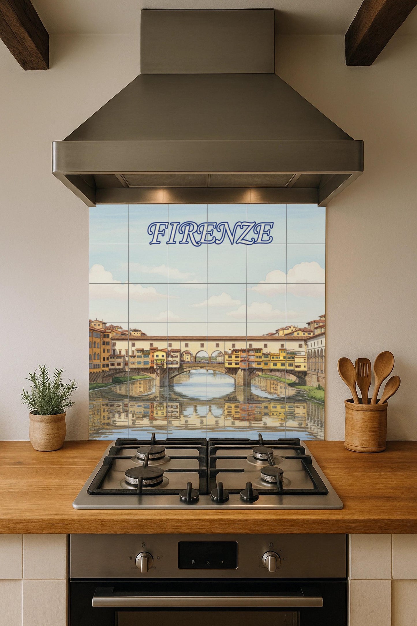 Ceramic wall mural of the Ponte Vecchio of Florence: Tile art with the cityscape of Florence for decorating the kitchen, bathroom or living room.