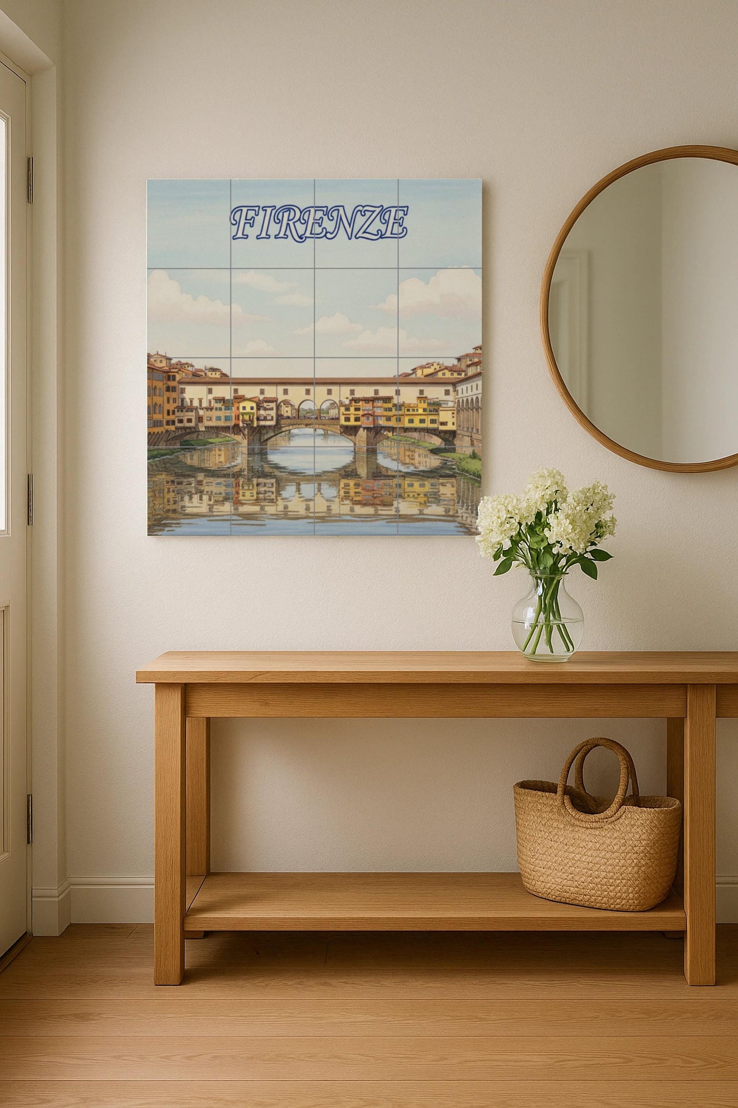 Ceramic wall mural of the Ponte Vecchio of Florence: Tile art with the cityscape of Florence for decorating the kitchen, bathroom or living room.