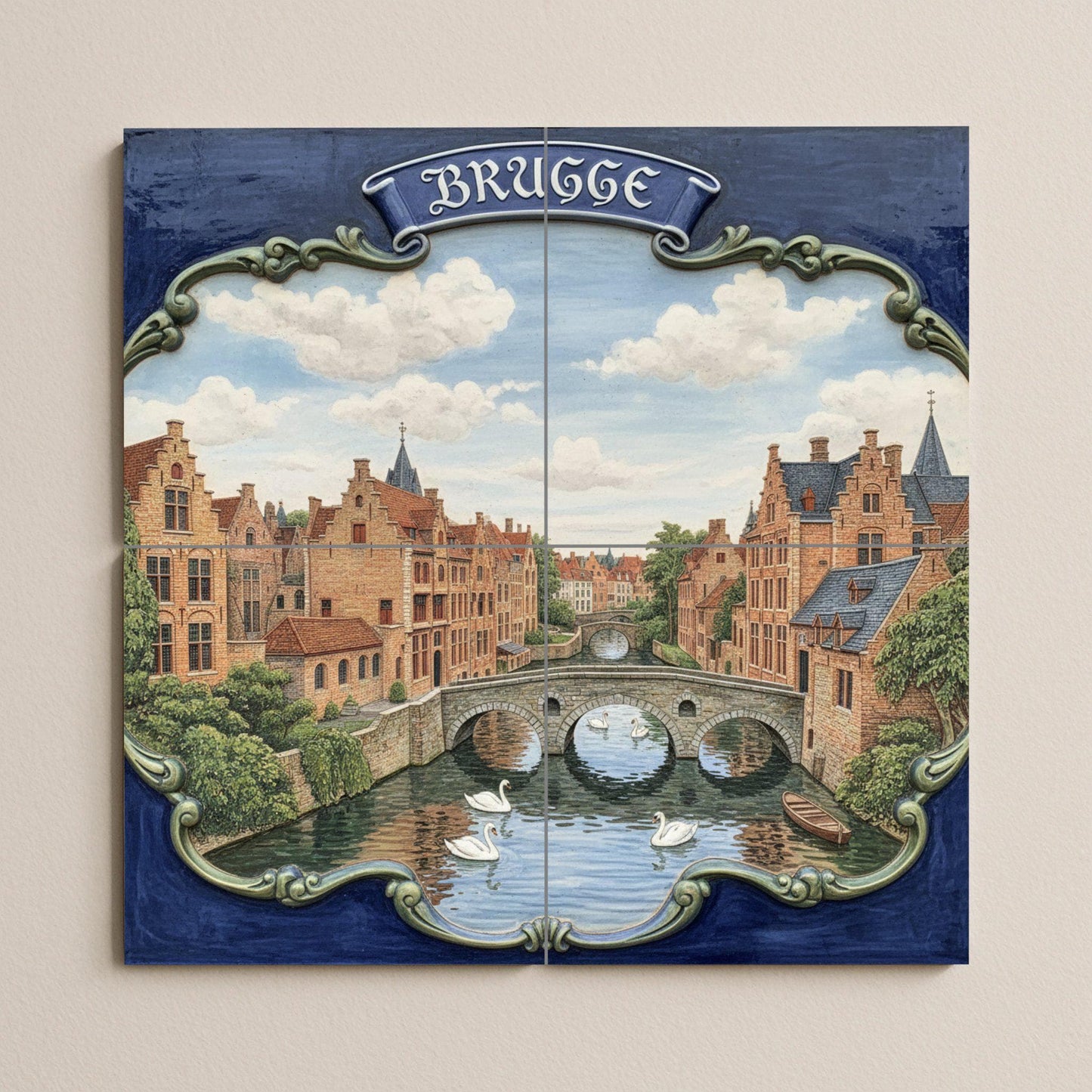Bruges Canal Ceramic Wall Mural: European cityscape tile art, Flemish architecture with swans, ideal for kitchen wall or living room decoration.
