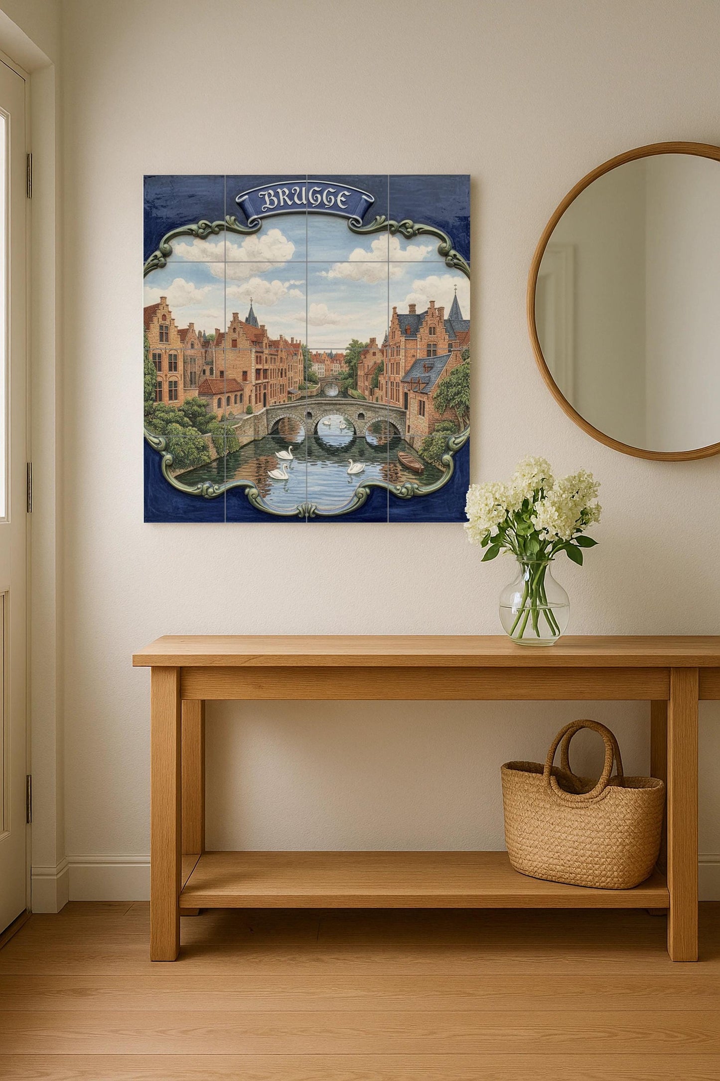 Bruges Canal Ceramic Wall Mural: European cityscape tile art, Flemish architecture with swans, ideal for kitchen wall or living room decoration.