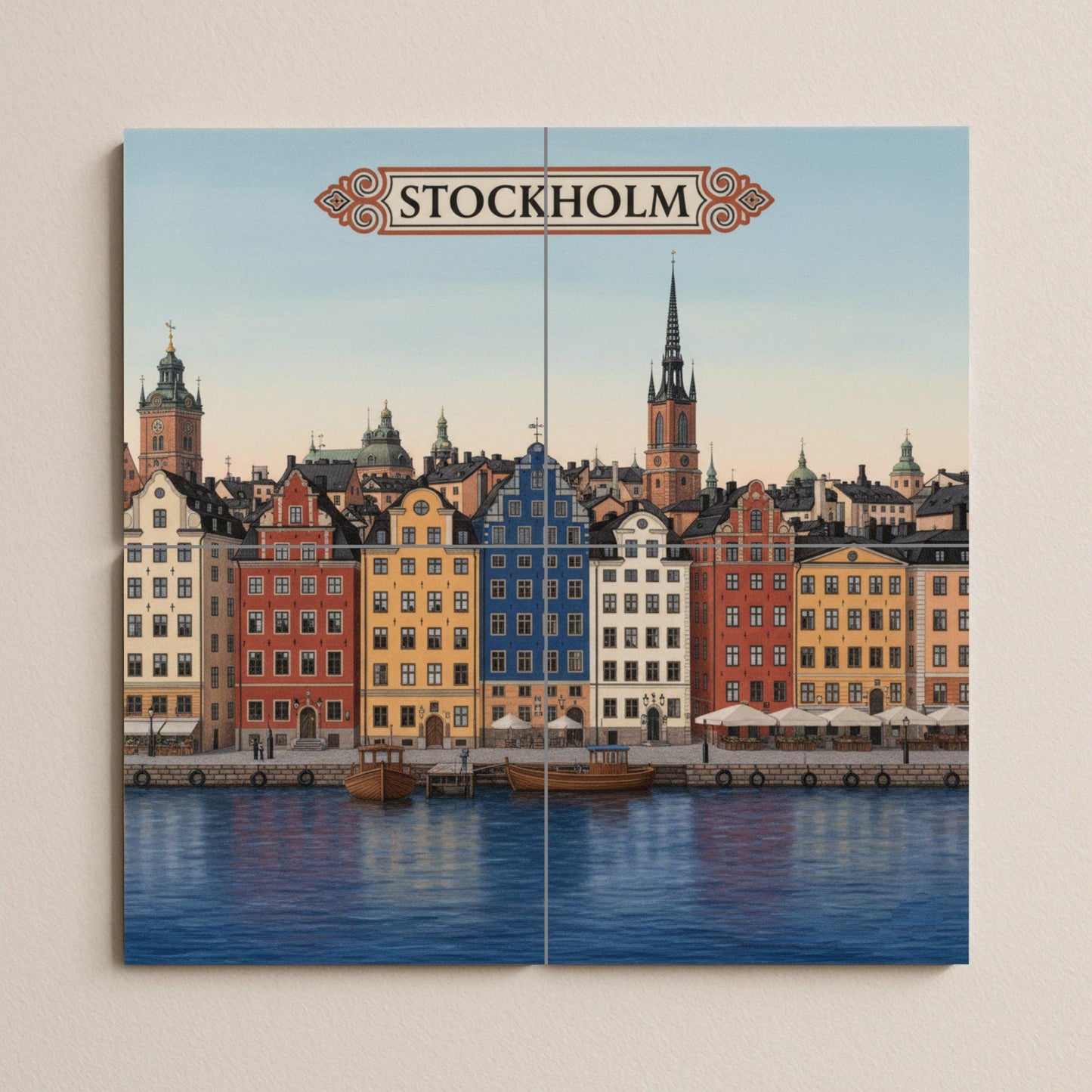 Stockholm ceramic wall art: colorful print of the Gamla Stan waterfront, Scandinavian cityscape decor for travel lovers.
