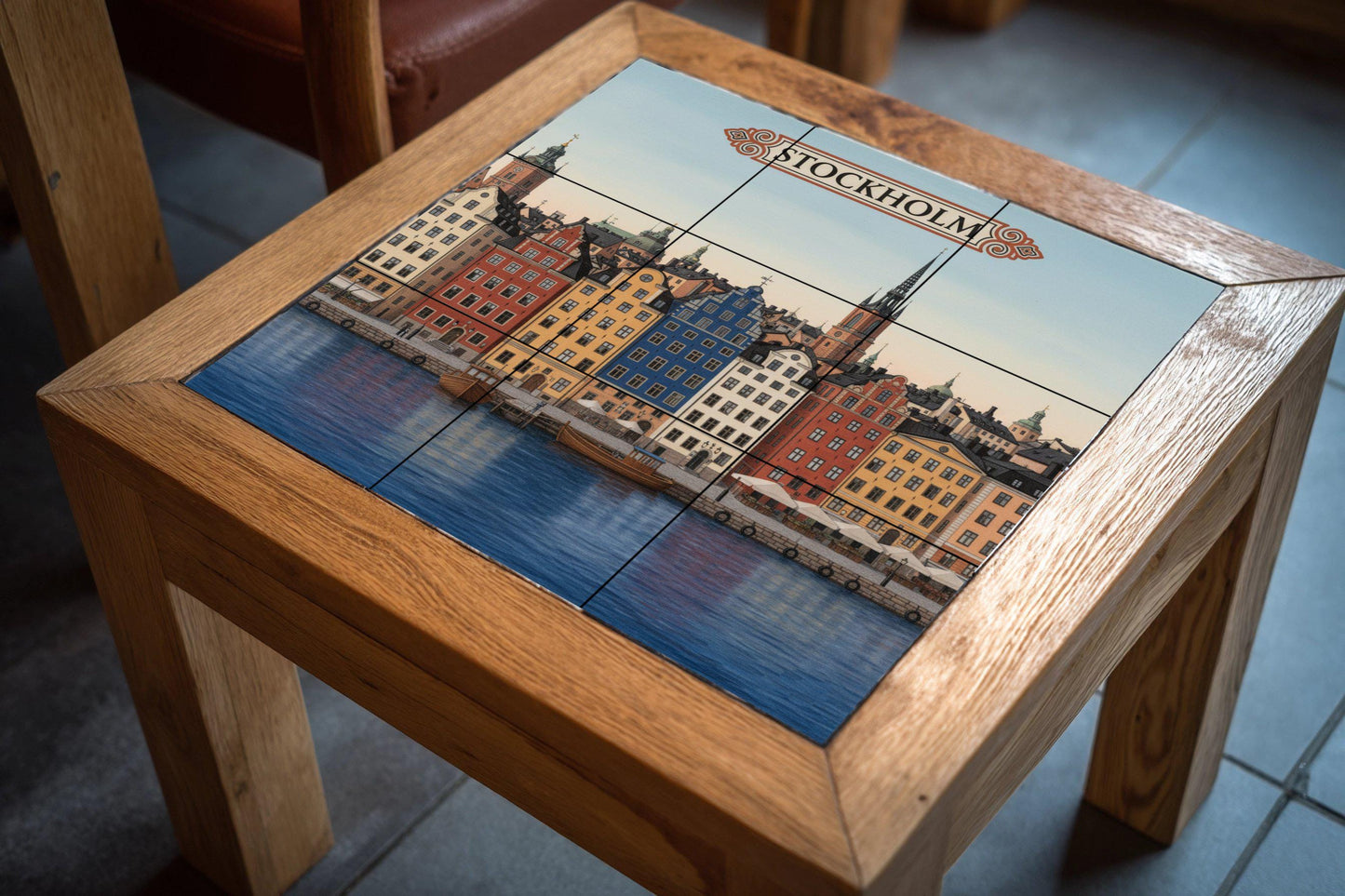 Stockholm ceramic wall art: colorful print of the Gamla Stan waterfront, Scandinavian cityscape decor for travel lovers.