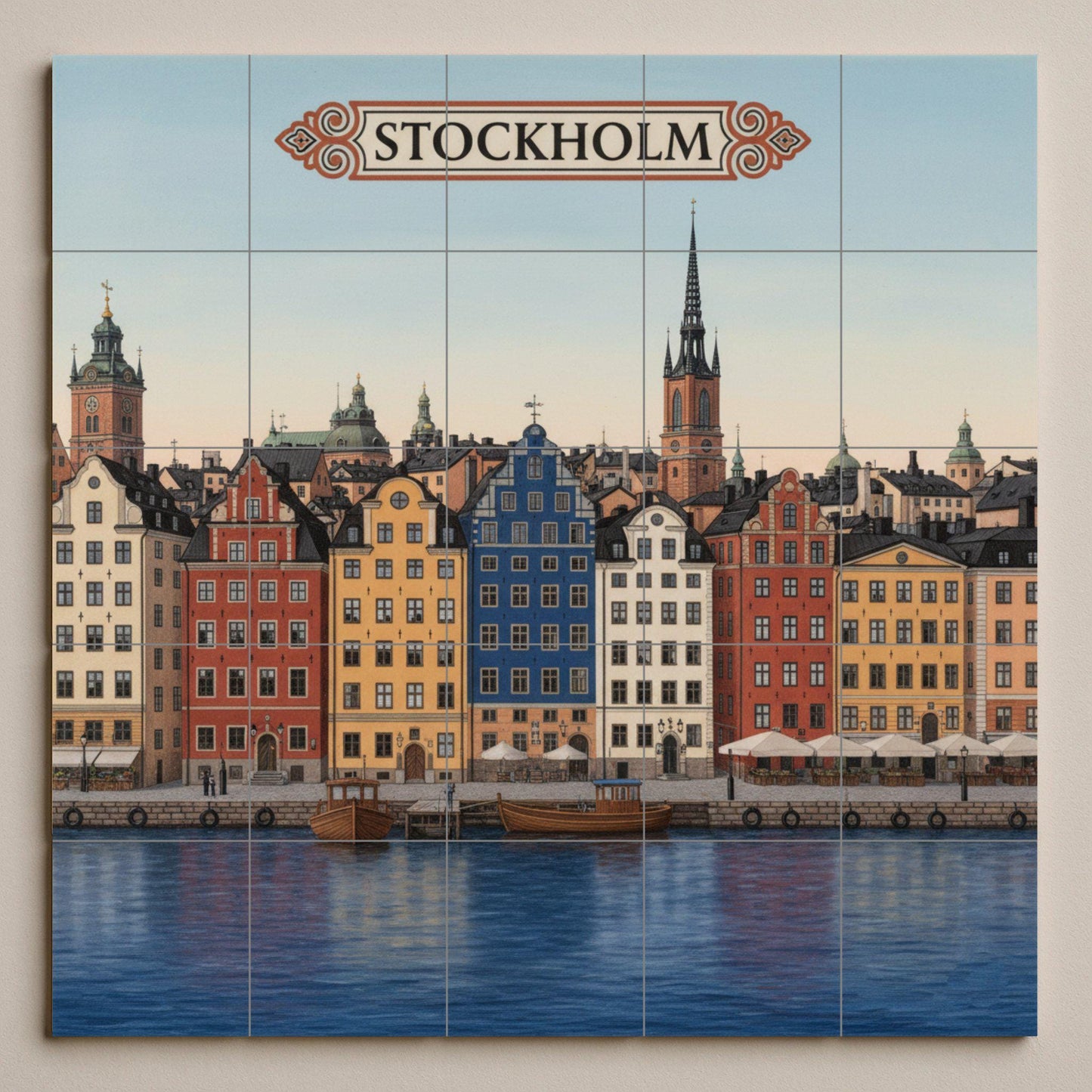 Stockholm ceramic wall art: colorful print of the Gamla Stan waterfront, Scandinavian cityscape decor for travel lovers.