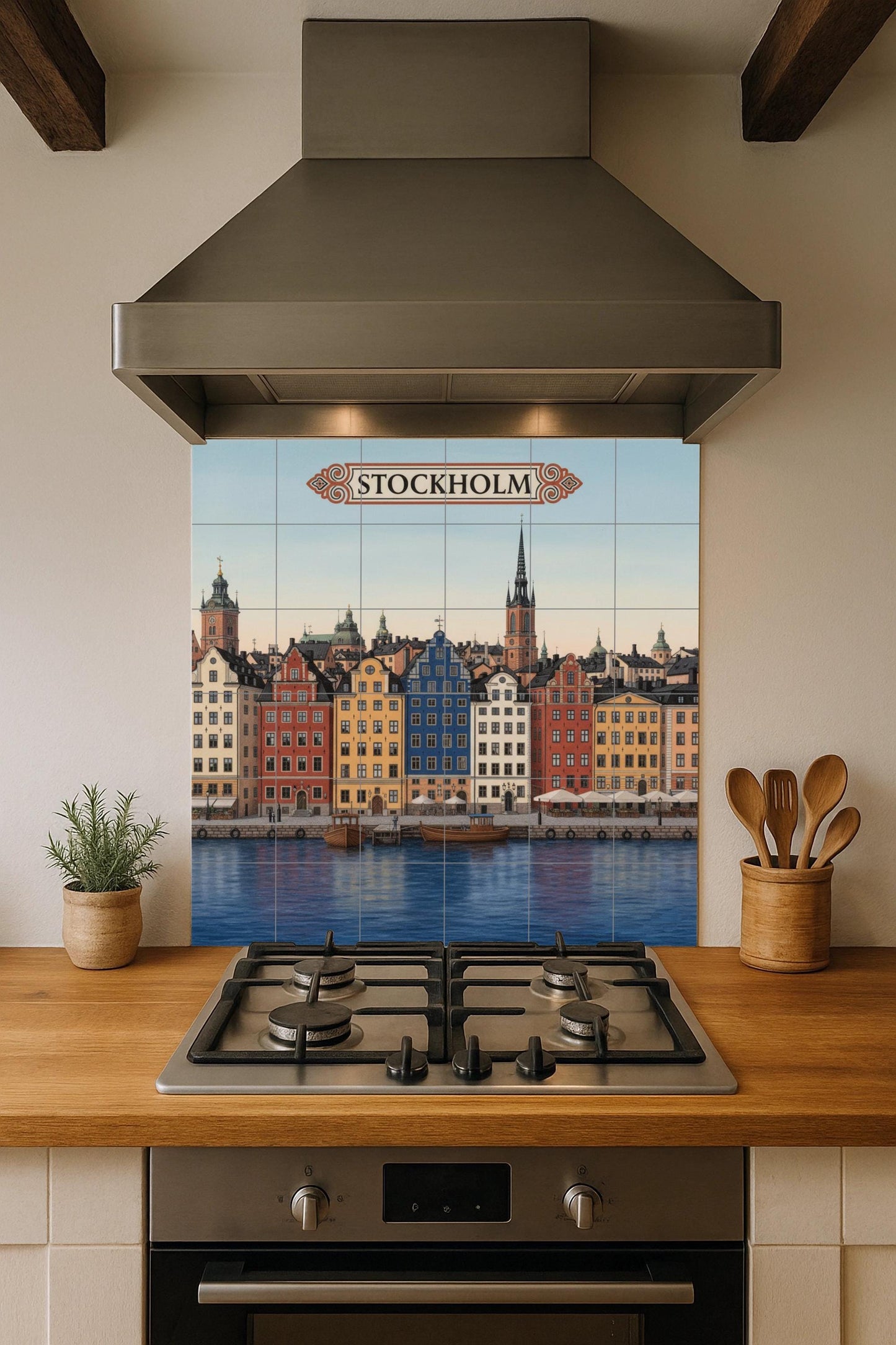 Stockholm ceramic wall art: colorful print of the Gamla Stan waterfront, Scandinavian cityscape decor for travel lovers.