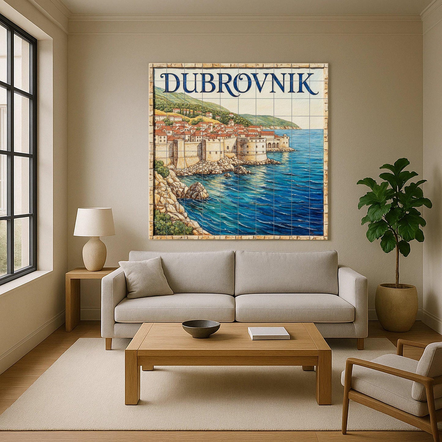 Dubrovnik Picture – Cityscape print of the Adriatic coast with old town walls and red rooftops, Croatia travel decoration